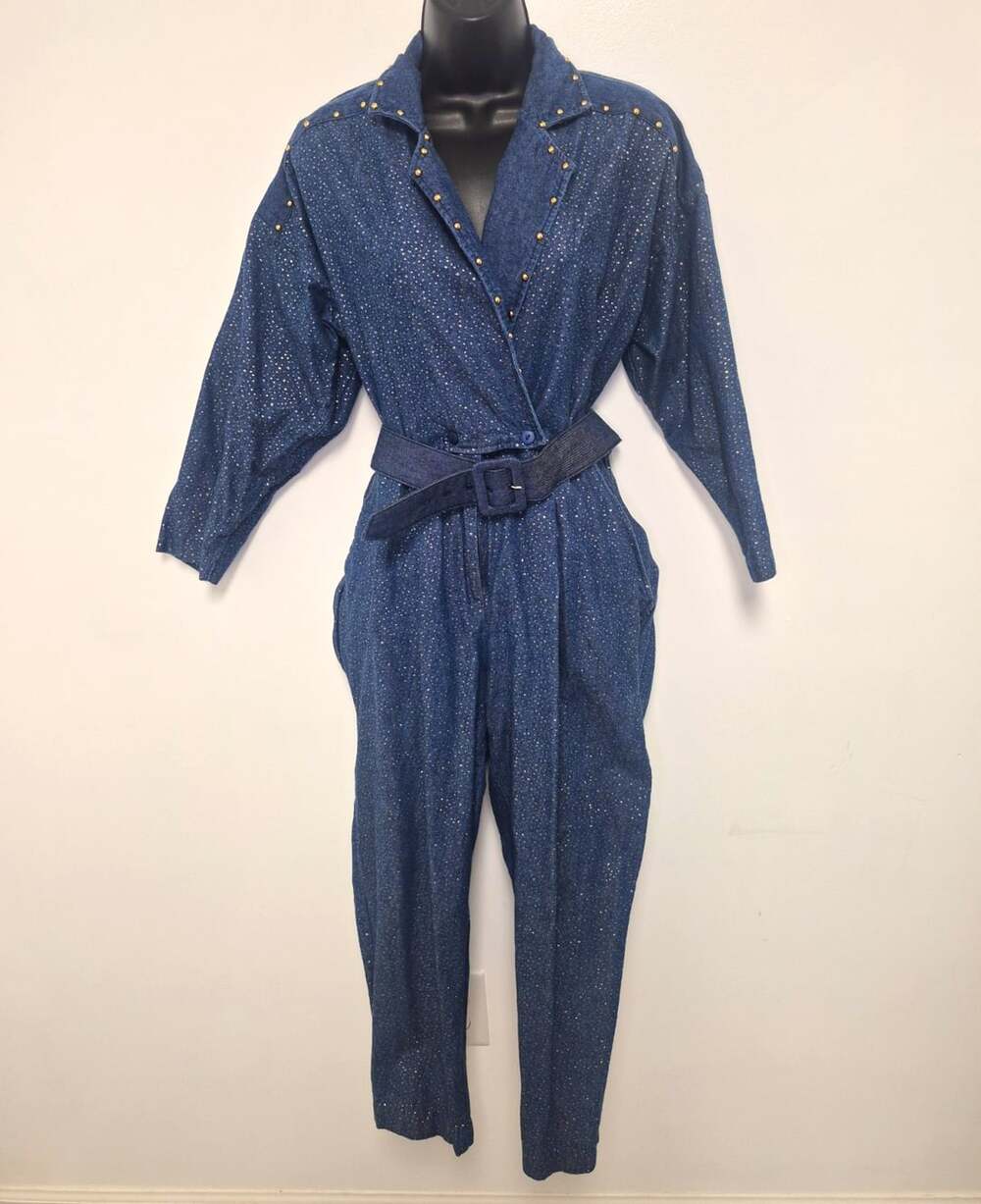 Rare Vtg 80s E-Z Out by Or-lee Blue Sparkle Denim Zip Belted Jumpsuit sz M